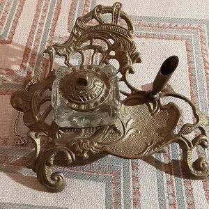 Vintage Victorian Brass Inkwell.